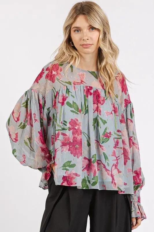 Mittoshop Floral Round Neck Flounce Sleeve Blouse for Women - Love Salve